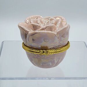 MARY KAY Ceramic Iridescent Pearl Pink Flower/Rose Hinged Trinket Box message